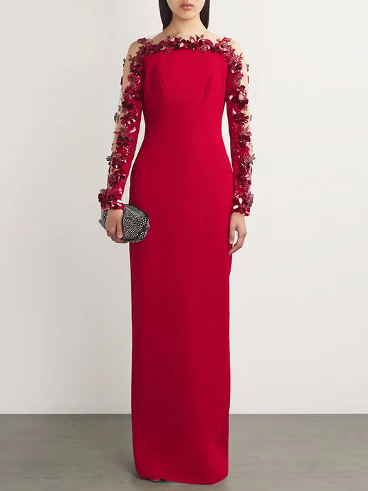 Red O neck flower beaded mesh formal gown styled for evening events against a white background