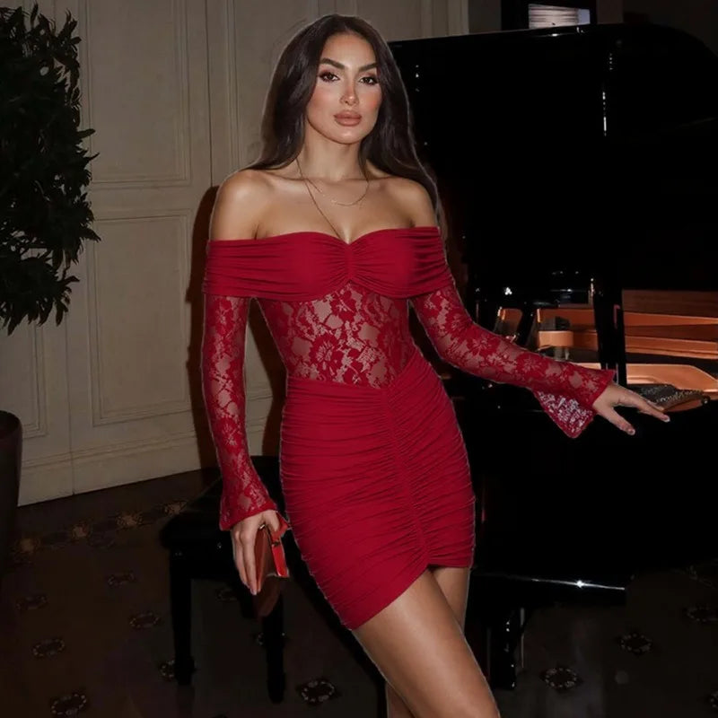 Red off-shoulder mini dress with lace bodice and long sleeves