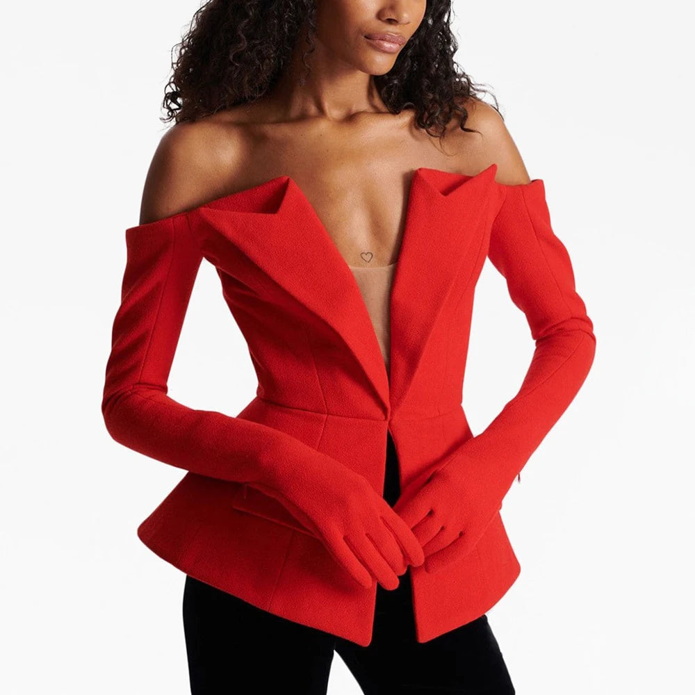 Red off-shoulder slim blazer with a sculpted neckline