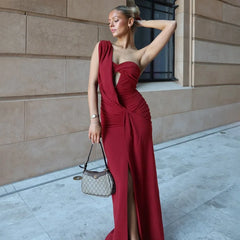 Red one-shoulder backless maxi dress with slit