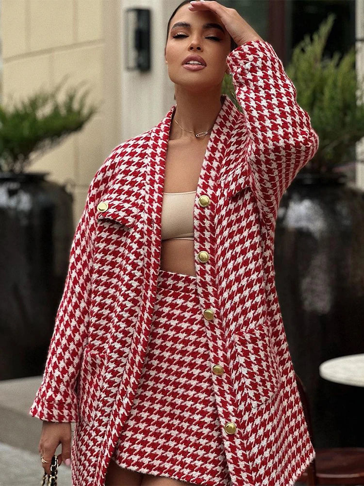 Red plaid high waist skirt and loose long cardigan set
