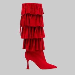 Red knee-high boots with pleated suede tiers