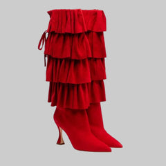 Red suede pleated stiletto boots