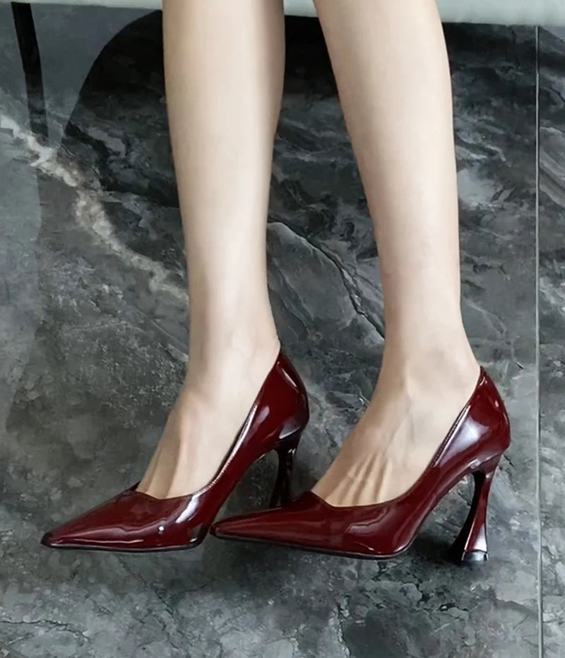 Red pointed toe high heel pumps for women