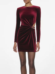 Round neck velvet-finish mini dress with gathered waist shaping