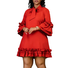 Red mini dress with ruffle hem and high neckline