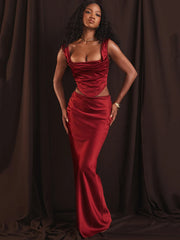 Red satin crop top and ankle-length skirt two-piece set