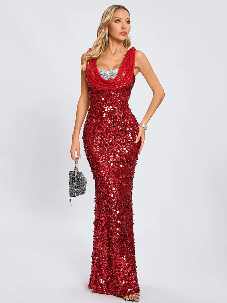 Red sequin maxi dress with cowl neck styled for gala and party events