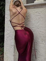 Red sheath maxi dress with spaghetti straps and open back
