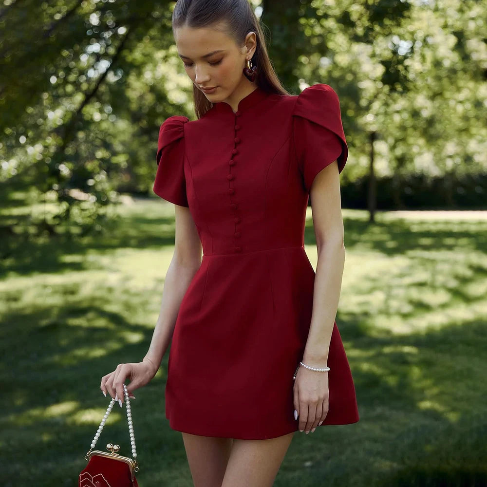 Red stand neck puff sleeve mini dress for women