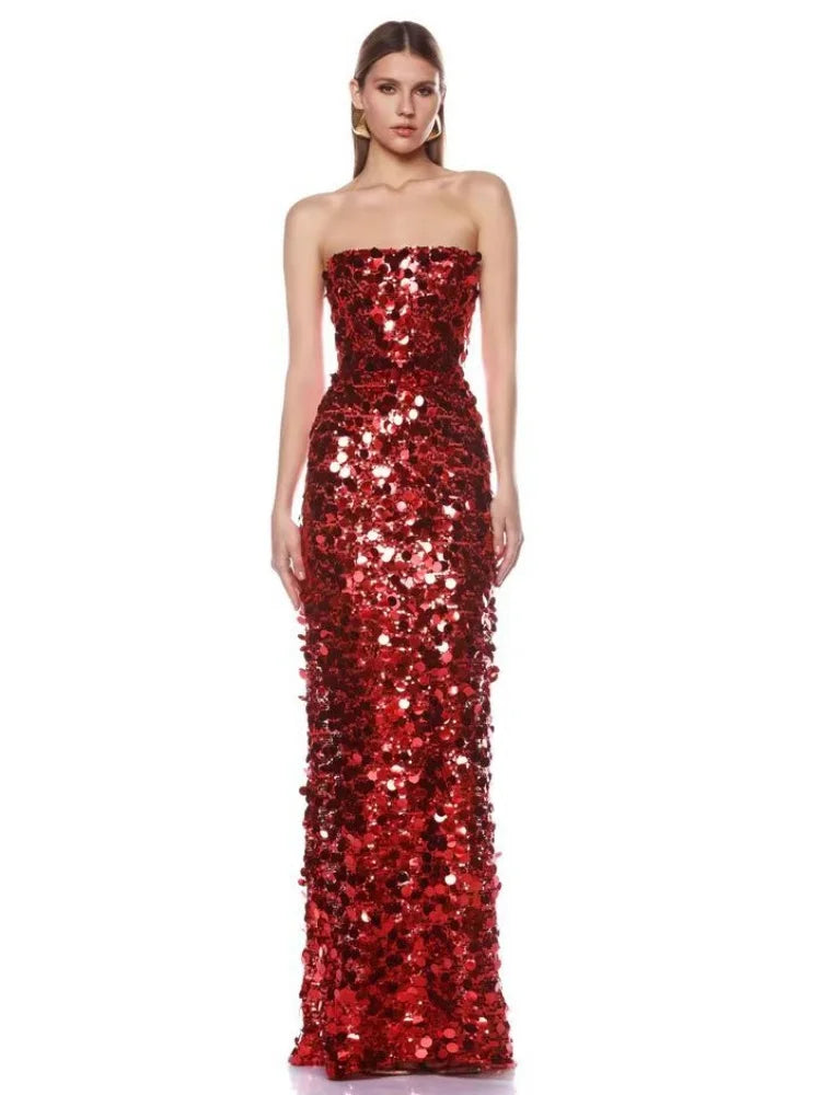 Red strapless sequin gown designed for elegant evening events

