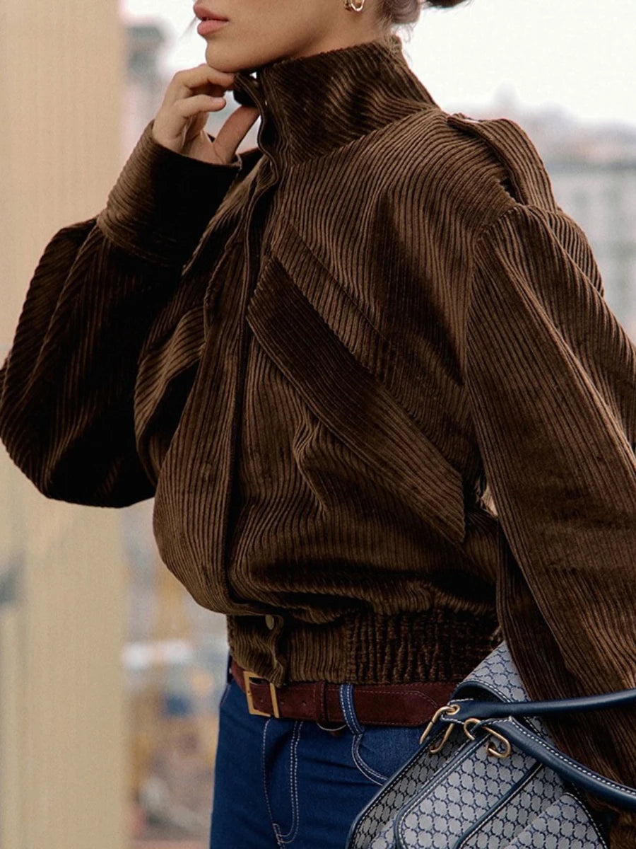 retro brown corduroy jacket with regular fit and button closure