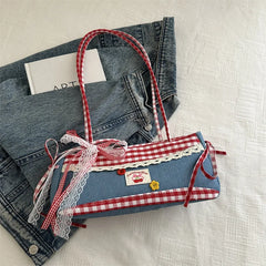 Square denim handbag with lace and bow embellishment