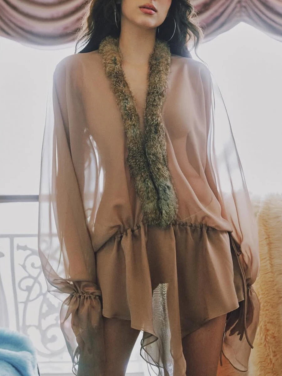 Retro party beige mini dress with plush fur neckline