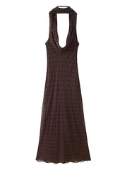 Retro polka dot brown dress for women with back lace-up, ideal for evening events