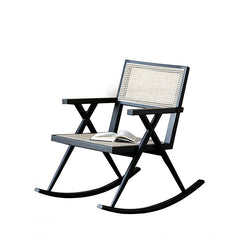Retro wooden rocker chair with natural rattan weave