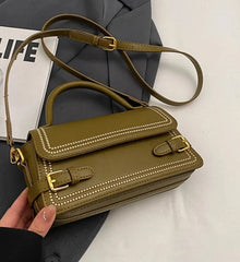 Retro square shoulder bag in olive green with hasp closure
