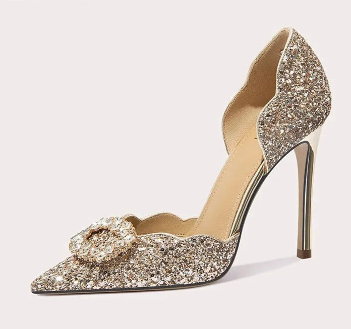 Elegant rhinestone evening sandals with thin high heel