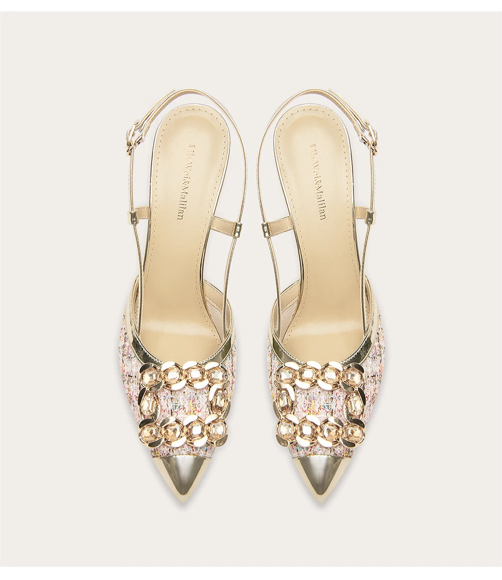 Rhinestone woven fabric sandals with pointed toe