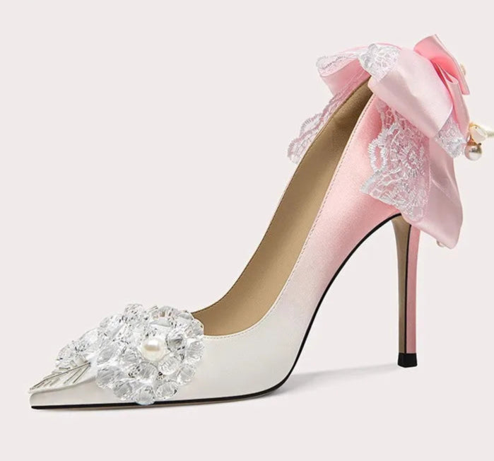 Ribbon lace crystal wedding heels for romantic celebration style