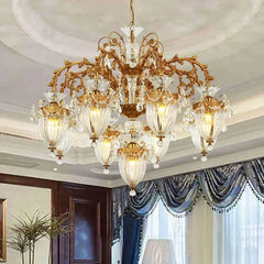 Grand Rococo chandelier in polished brass and glass for double-height foyers