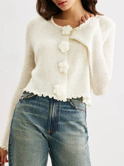 Feminine knit cardigan with 3D flower buttons and romantic details
