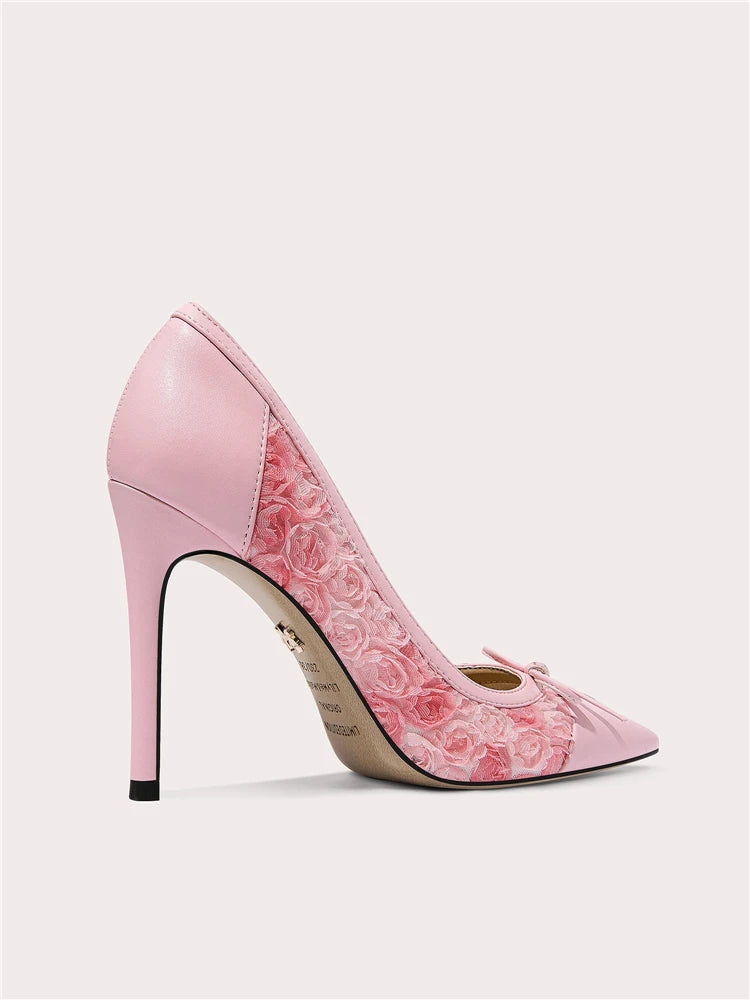 Rose bow pointed toe stiletto pumps for women