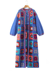 A rose red and royal blue patterned knitwear. Plaid Flower Hand Crochet O-Neck Long Sweater Women Jumper.