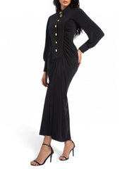 A front view of a women's round-neck midi dress, highlighting the slim silhouette.