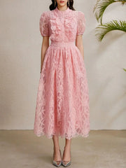 A front view of a women's round-neck midi gown, highlighting the A-line silhouette.