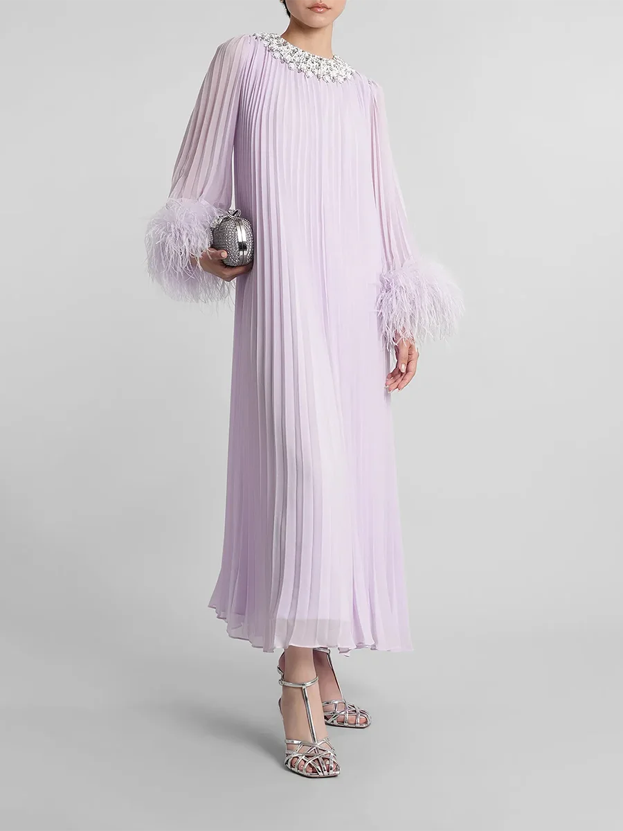 A front view of a women's round-neck midi gown, highlighting the elegant silhouette.