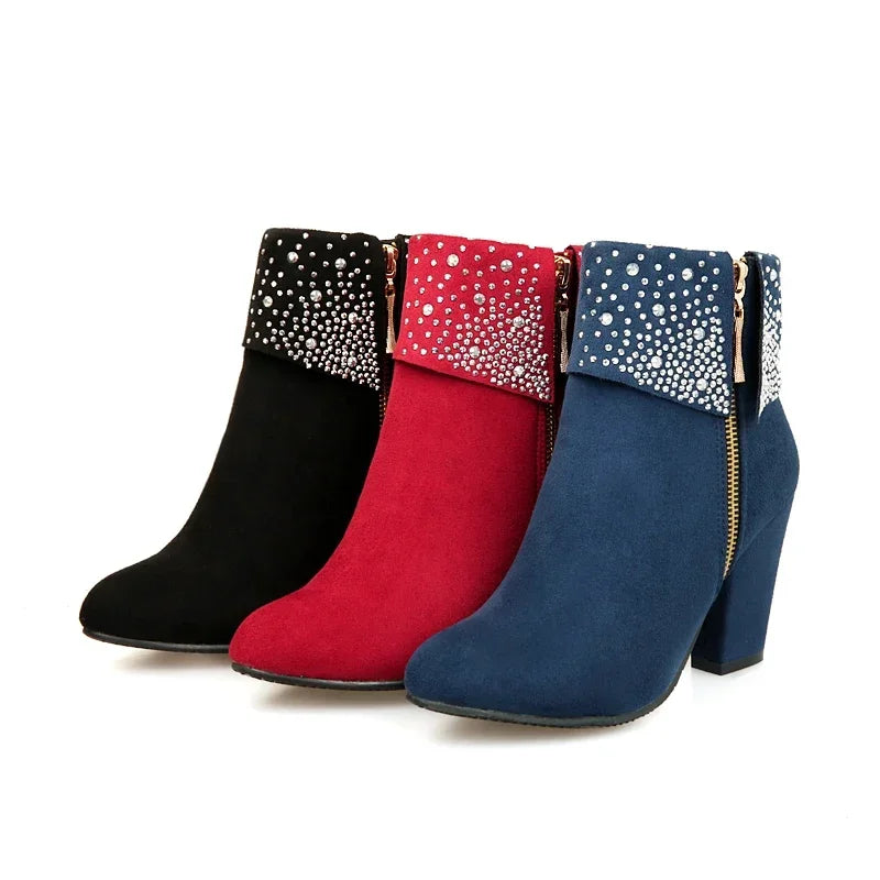 Round toe red, blue, black boots with crystal foldover design