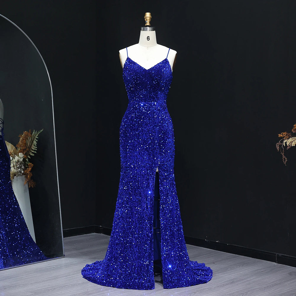 Full-length view of a backless mermaid gown with an all-over shimmer