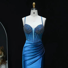 Draped satin mermaid evening gown with side slit