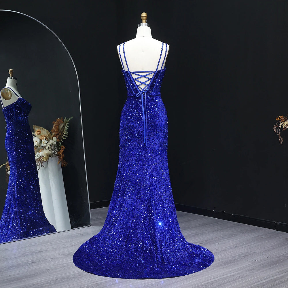 Lace-up back detail on floor-length sequin prom gown