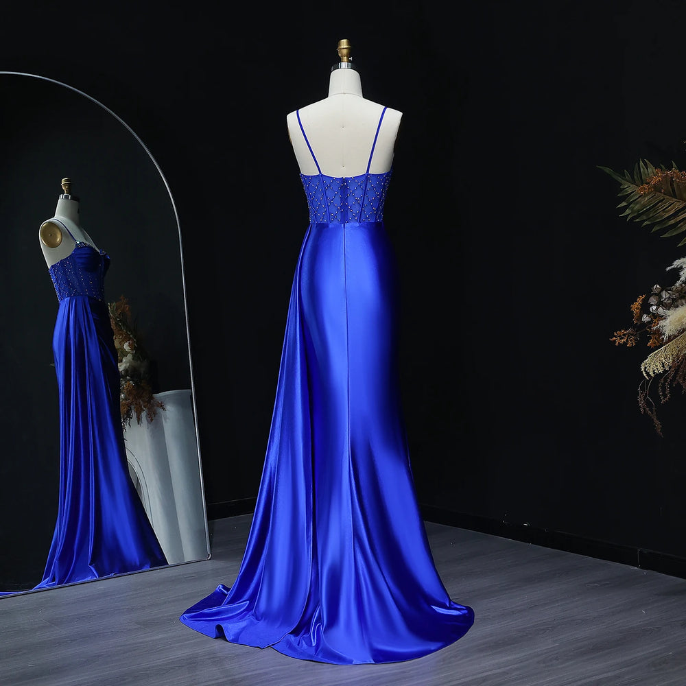 Full-length satin mermaid evening gown with front slit and draped finish