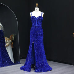 Sequin sweetheart mermaid prom gown with front slit on mannequin