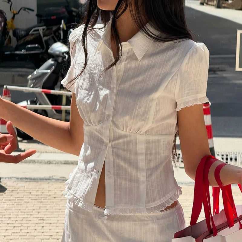 Ruched bust white button down blouse with lace detailing