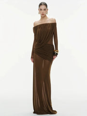 Maxi length fitted party gown with mesh finish and gathered drape