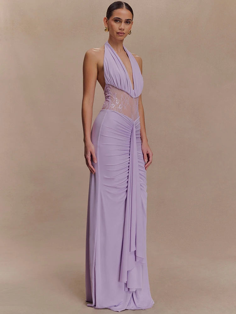 Ruched lavender evening gown with sheer waist panel and plunging neckline