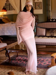Ruched pink maxi dress styled for an elegant evening party