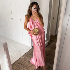 Ruched pink summer maxi dress in loose fit for warm evenings