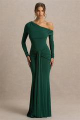 Detail of the ruched waist drape falling into a floor-length skirt, highlighting flattering gathers and a slim, elongated line.