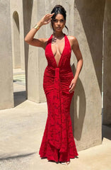 backless halter red formal dress with floor length hem