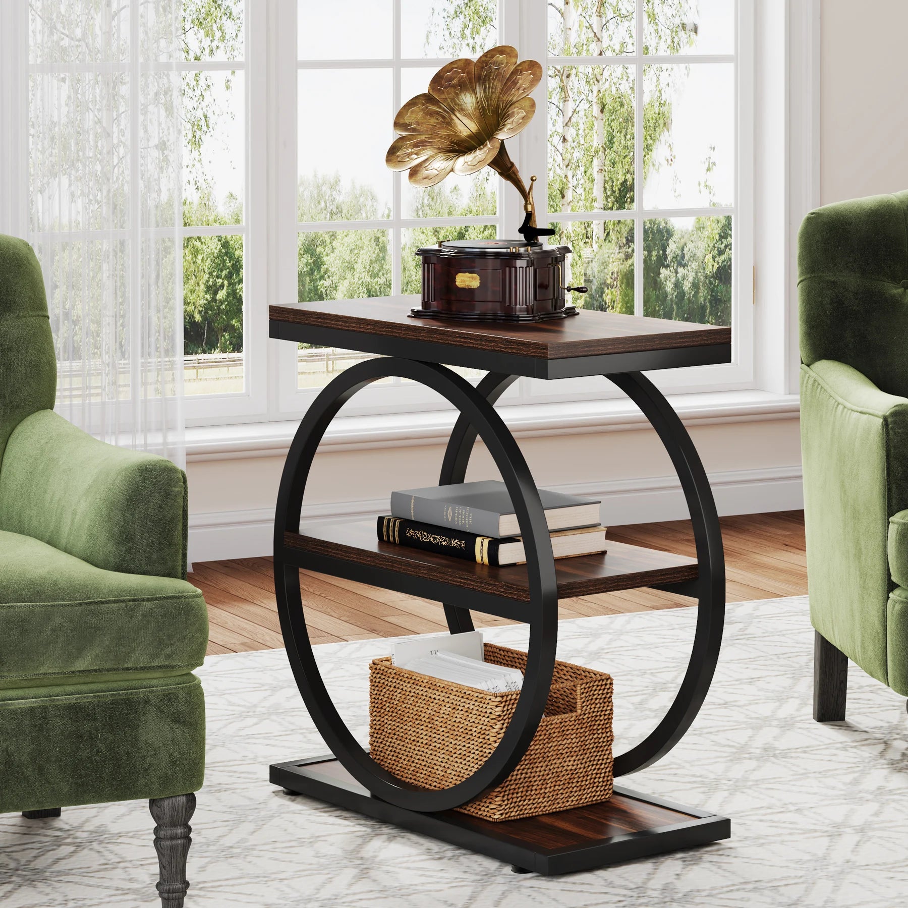 “Rustic narrow end table with wood shelves and black iron frame”