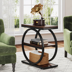 “Rustic narrow end table with wood shelves and black iron frame”