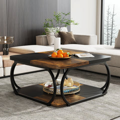 “Rustic square coffee table with wood grain top and open shelf”

