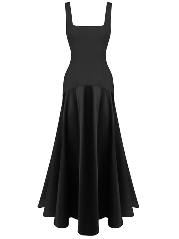 Full-length view highlighting the satin skirt’s soft shine and A-line fall, with the hem pooling gently for an evening-ready silhouette.