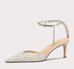 Elegant satin ankle strap bridal heels with crystals