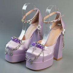 Satin platform high heel with metal chain accents
